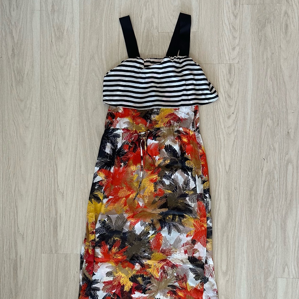 Les Copains Maxi Silk Summer Dress - Floral Print With Striped Top